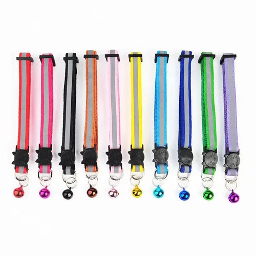Cat collars with bells multipack, assorted red to purple striped fabric straps and rings