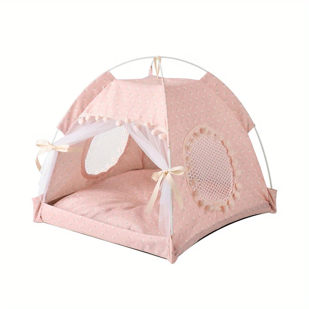 Pink cat clamshell tent bed with mesh windows and bow-tied curtains