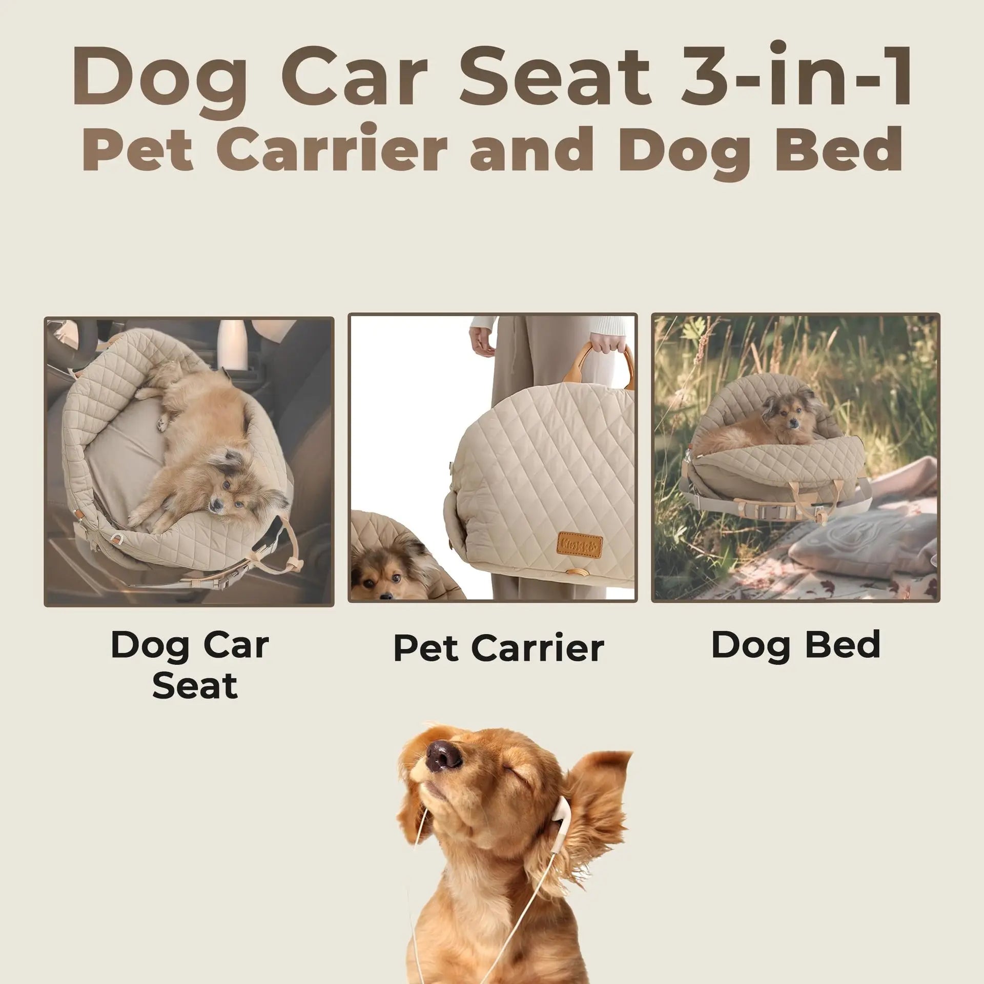 3-in-1 Dog Car Seat Carrier Bed Anti-Slip Washable