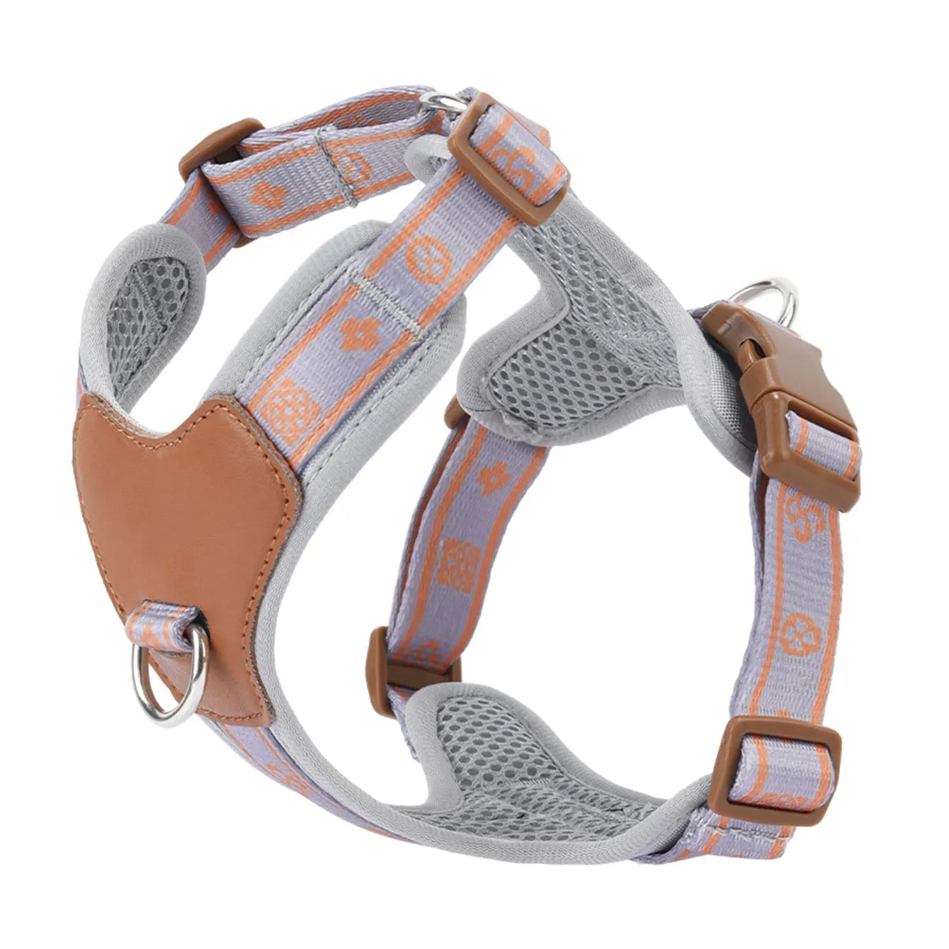Grey dog harness with orange patterned webbing, tan accents, and metal D-ring