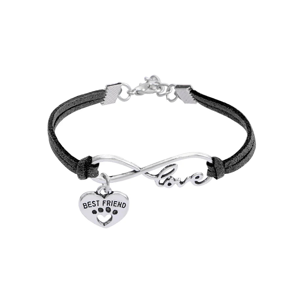 Adjustable black pet collar with silver heart tag and infinity love charm