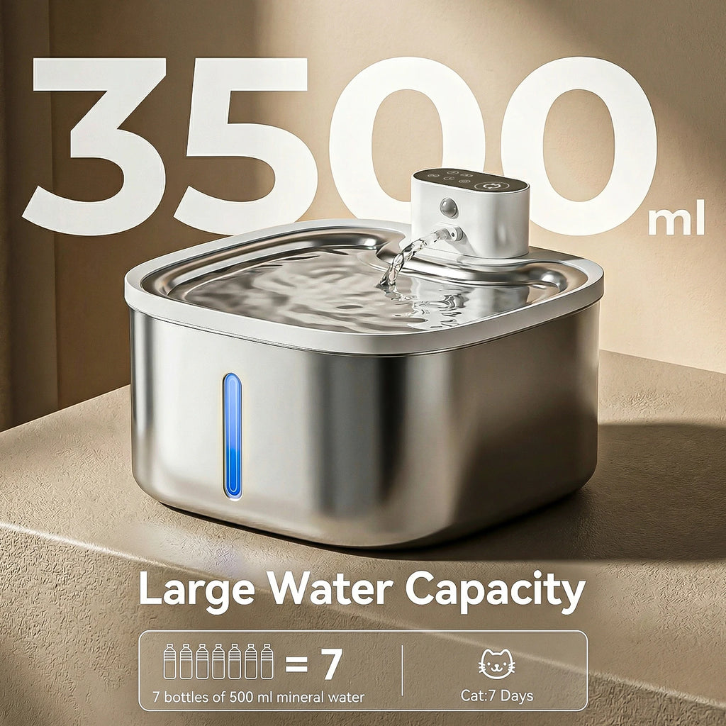 3.5L Wireless Cat Water Fountain 4000mAh Rechargeable Stainless Steel Tray Mute Pump