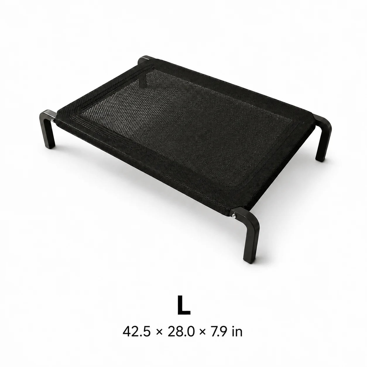 Black elevated pet bed base with textured mesh top and side supports, size L