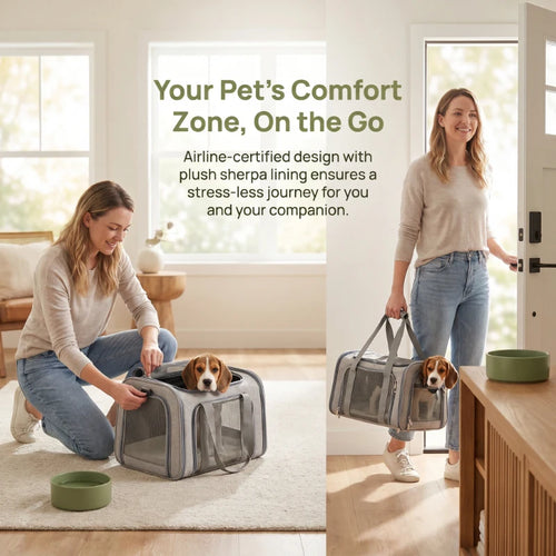 Gray soft pet carrier backpack with mesh sides and front opening, pet resting inside