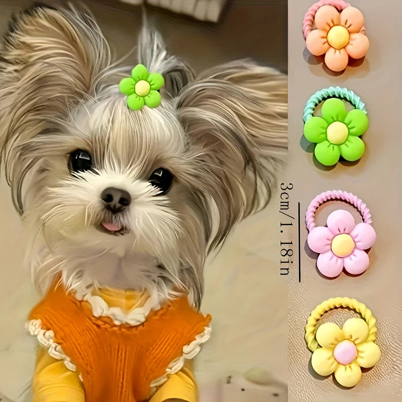 Dog with green flower hair clip; set of pink, green and yellow flower hair ties