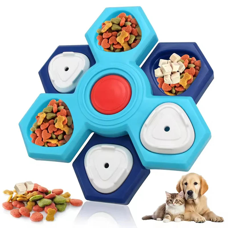 Non-slip slow feeder puzzle bowl, blue and navy star with red center and white lids