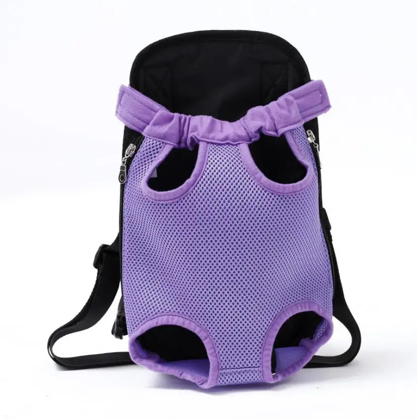 Breathable pet backpack with purple mesh front and two leg openings, black side straps