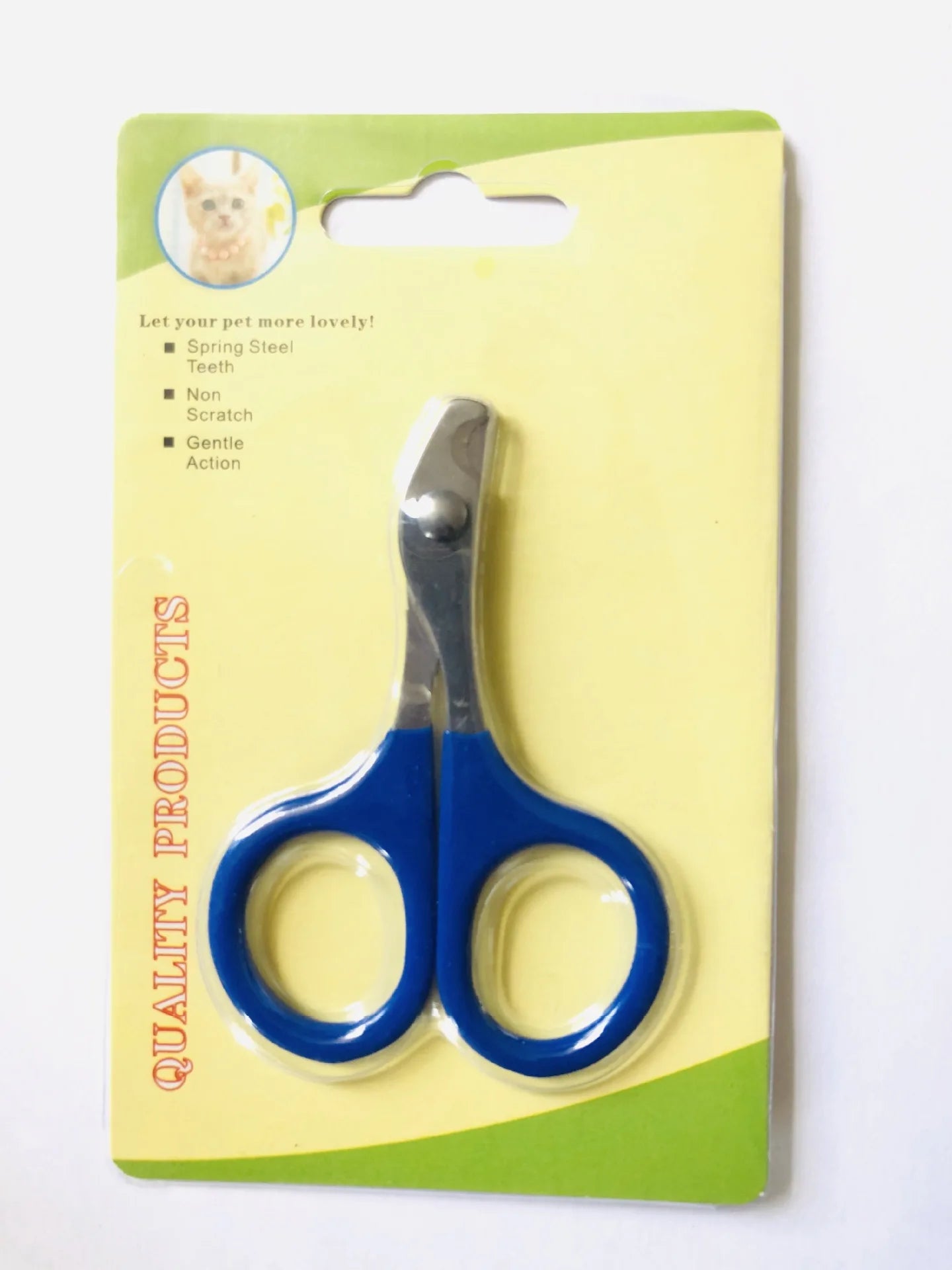 Pet nail clipper scissors in retail package with blue handles and silver blades