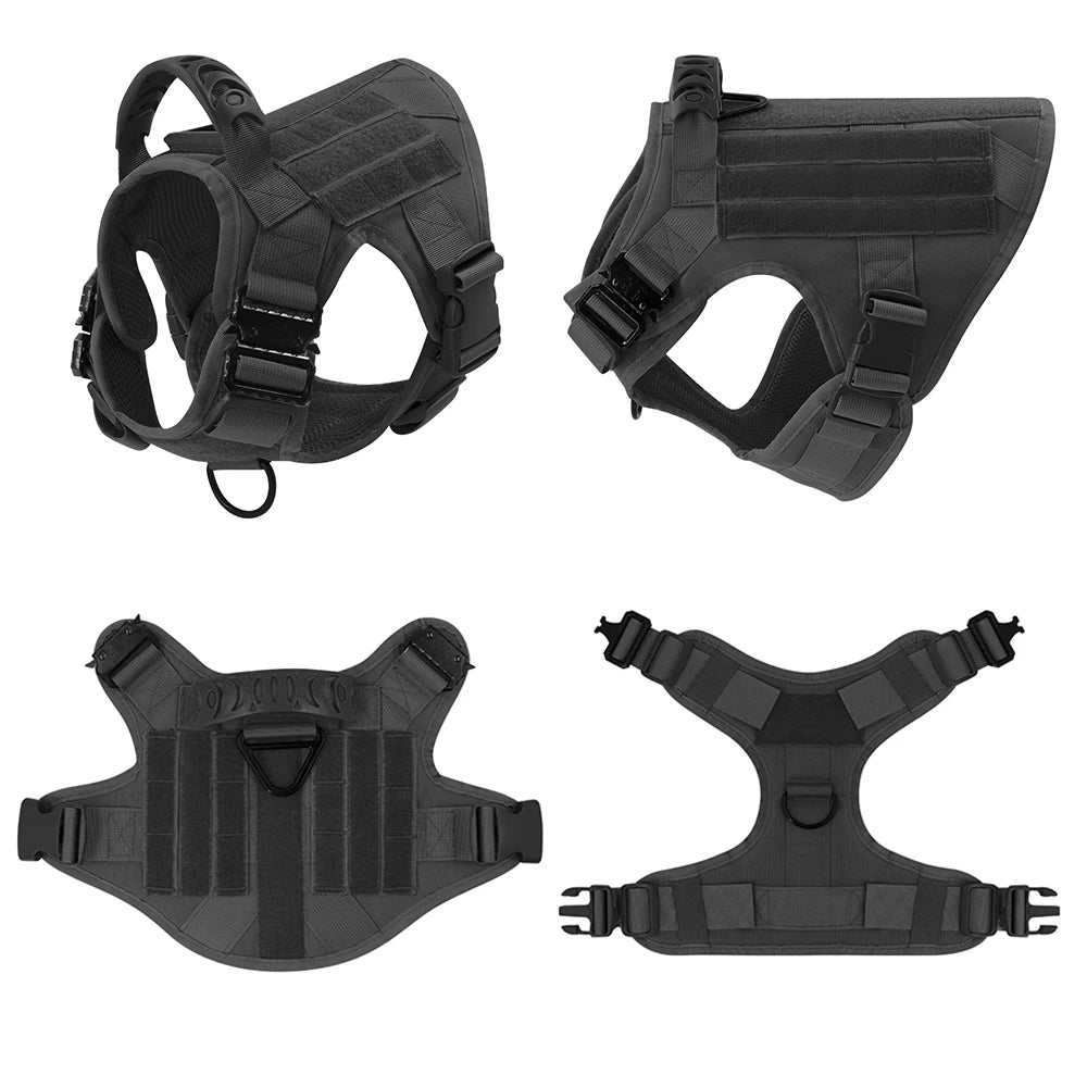 Black padded dog harness with front straps, side buckles, and rear handle loop