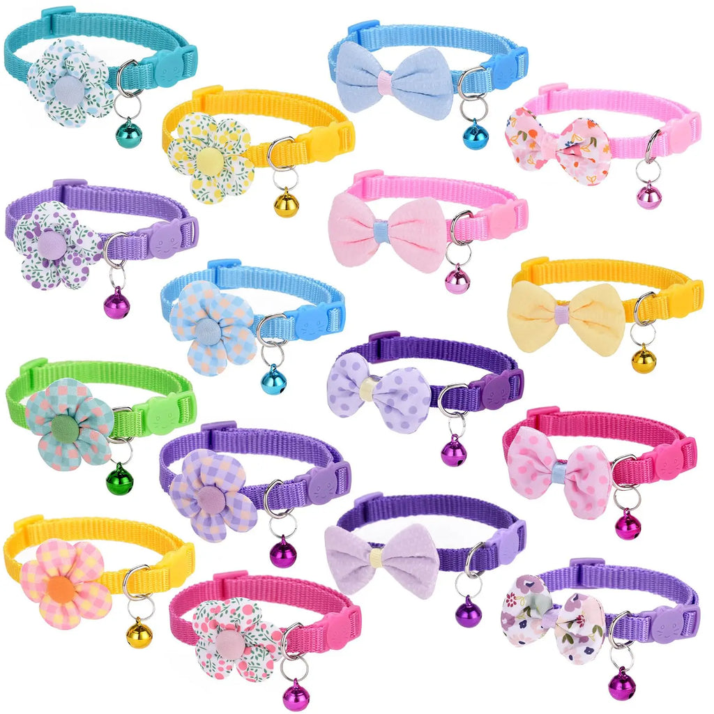 16Pcs Cute Cat Collars Bells Bow Design Kitten Girls Pack