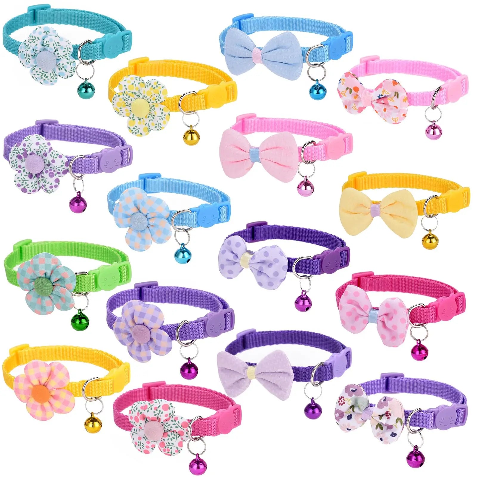 16Pcs Cute Cat Collars Bells Bow Design Kitten Girls Pack