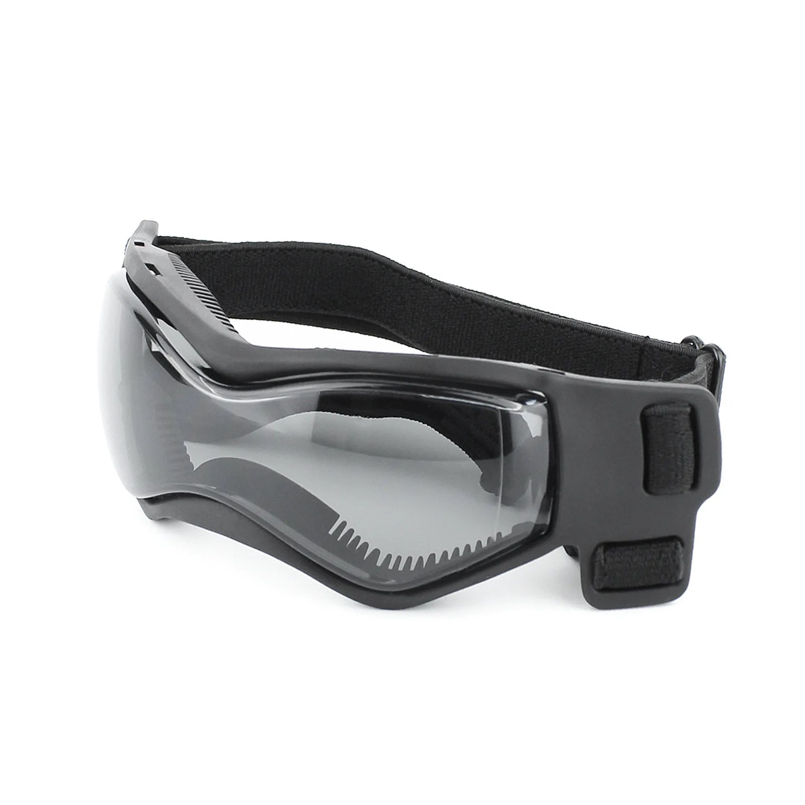 Black dog UV protection goggles with dark lenses and adjustable straps