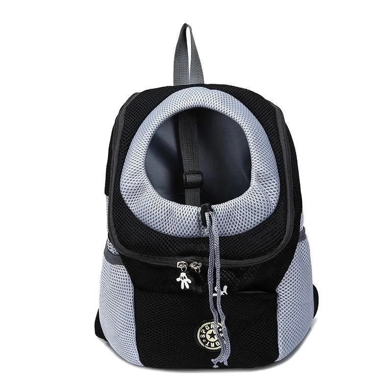 Black and gray pet carrier backpack with round front opening and zippered front