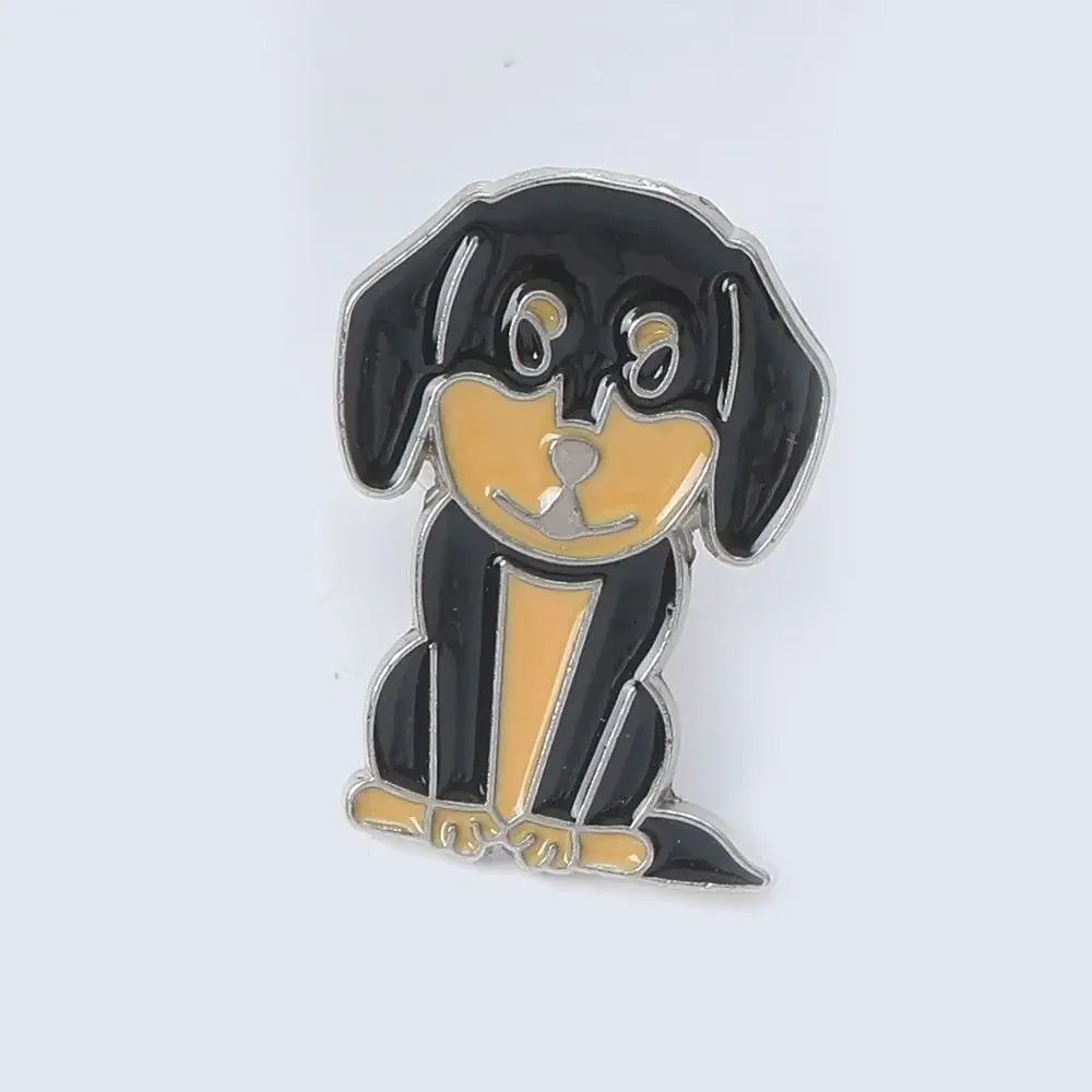 Cartoon dog enamel pin with black fur and tan striped shirt