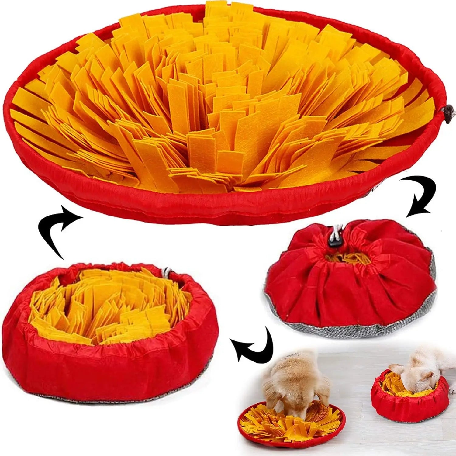 Pet snuffle mat for dogs and cats, round red fabric bowl with yellow and orange foraging strips.