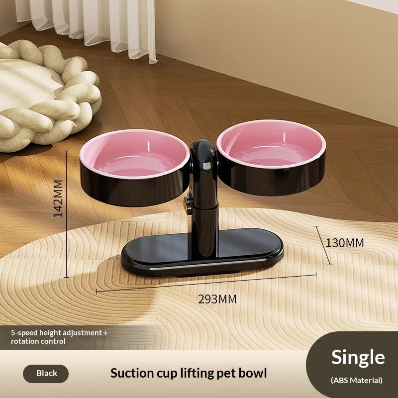 Adjustable height pet bowls set with suction base, black stand with two pink bowls