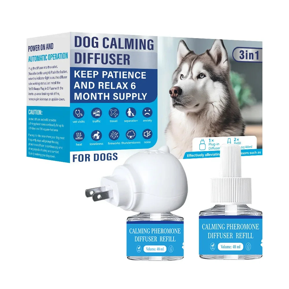 Dog calming pheromone diffuser with refill bottles and replaceable liquid