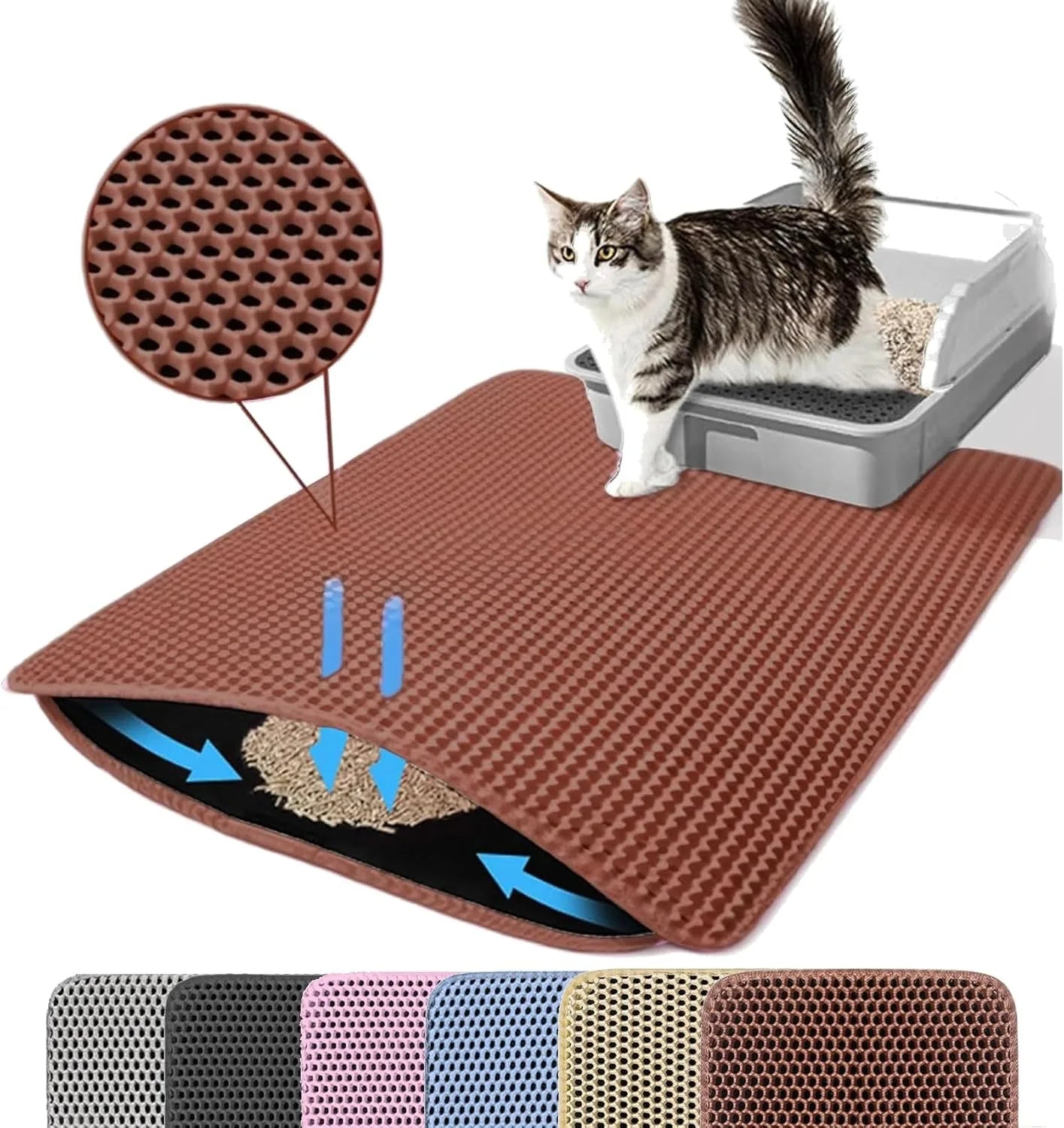 Brown non-slip waterproof double-layer cat litter mat with raised texture and cat on it
