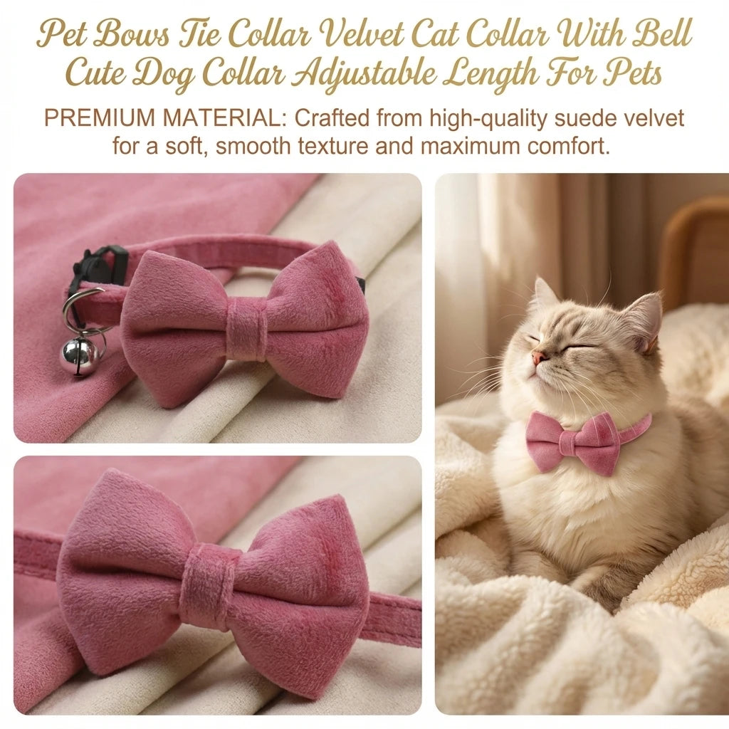 Velvet cat collar with bowknot and bell, pink fabric bow with matching collar