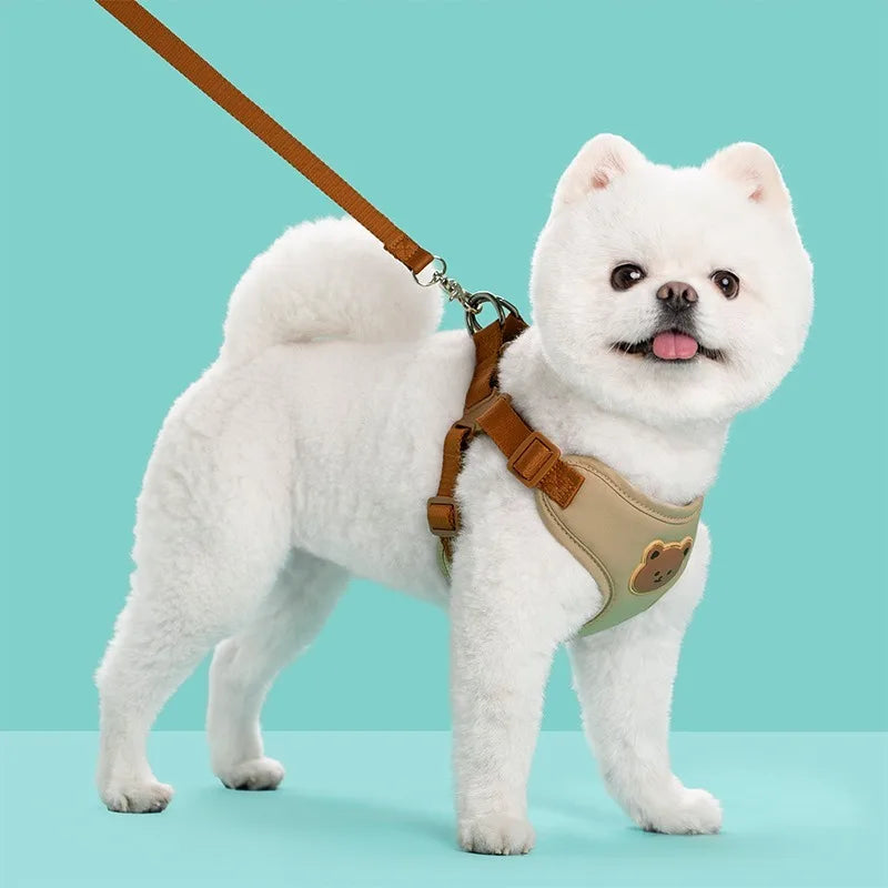 Dog harness vest with leash set, tan straps and beige belly panel
