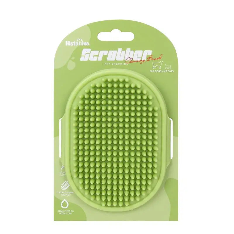 Green silicone pet bath brush pad with raised nubs, in blister package