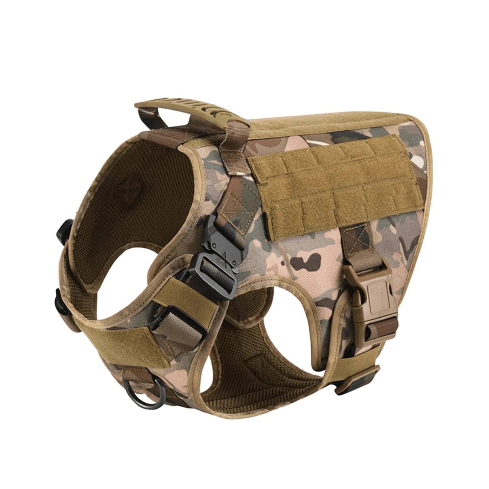 Camouflage dog harness vest with padded chest and adjustable buckles