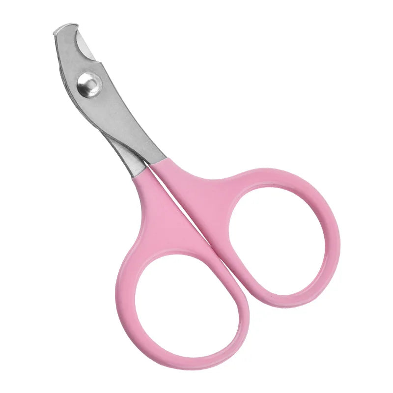 Pink pet nail clippers with curved stainless blades and dual oval grip loops