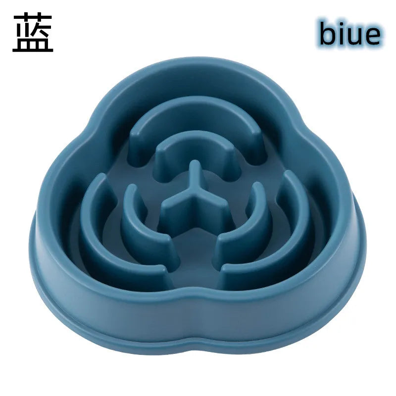 Blue slow-feeding non-slip pet bowl with raised anti-choke maze insert