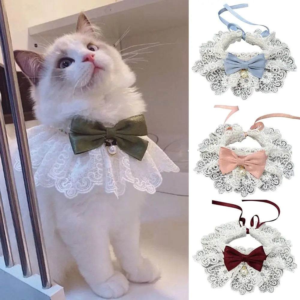 Lace bowknot scarf collar for pets, dark olive bow with white lace ruffle trim