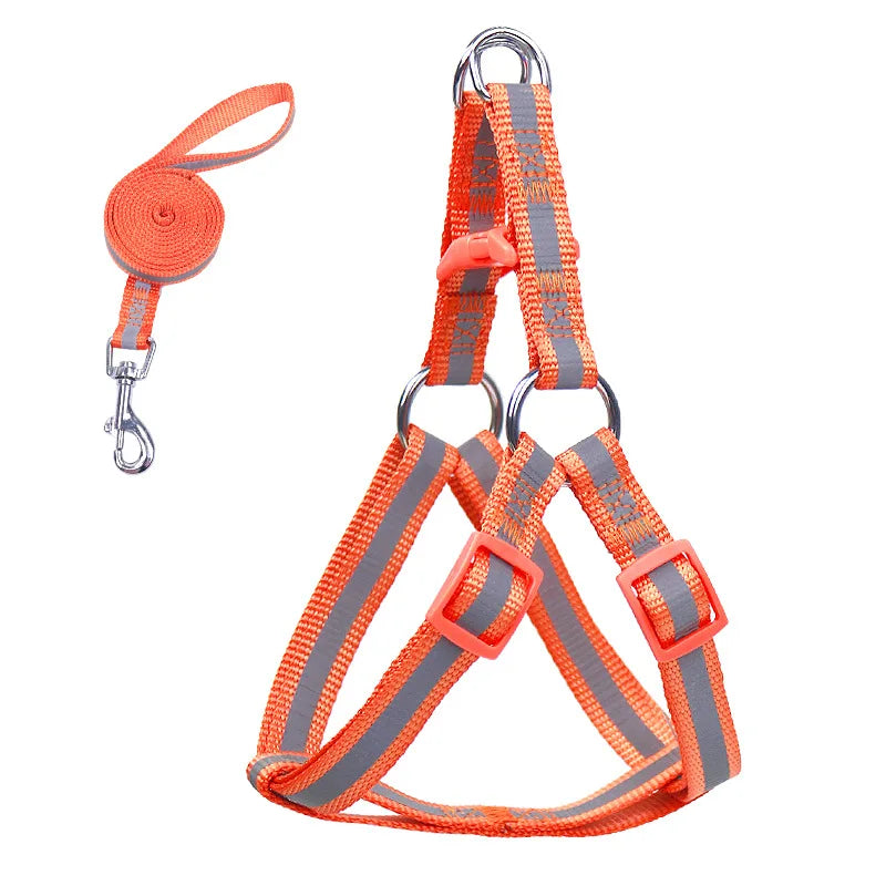 Reflective dog harness with leash, orange reflective straps and metal ring clasp
