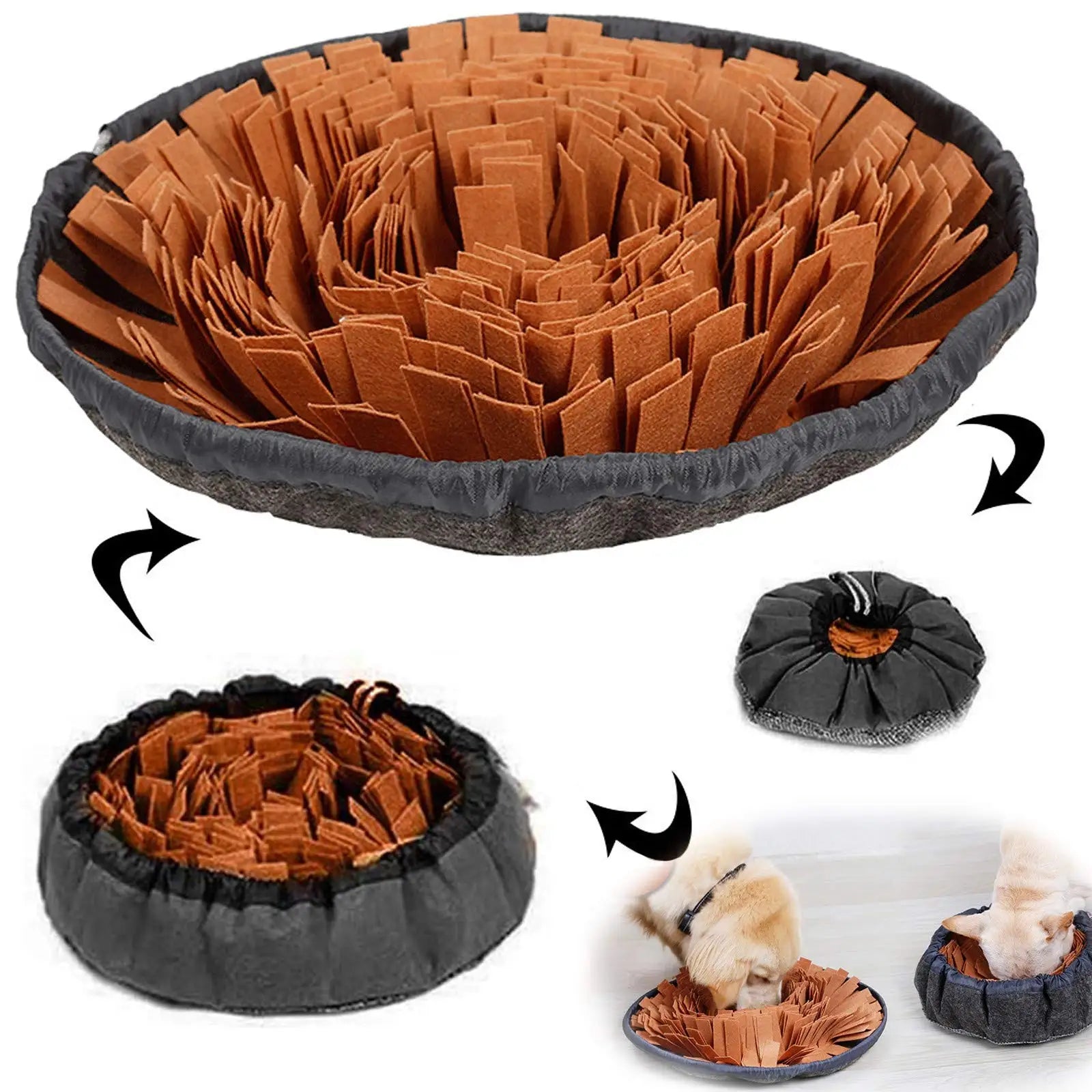 Pet snuffle mat for dogs and cats, round gray fabric with orange fabric foraging strips.