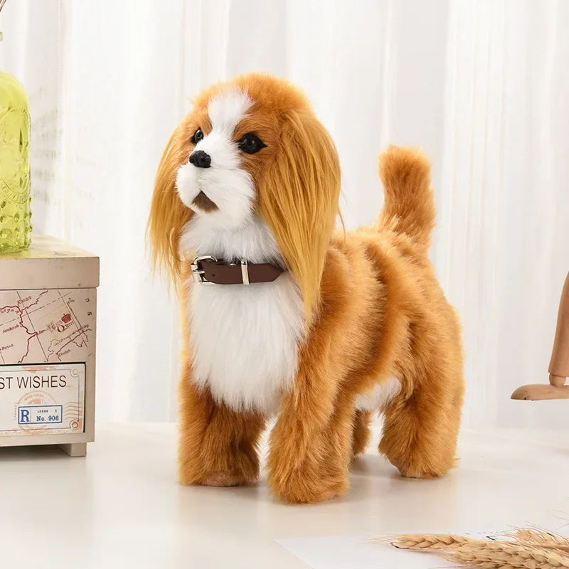 Tan plush dog toy with dark brown collar, standing pose