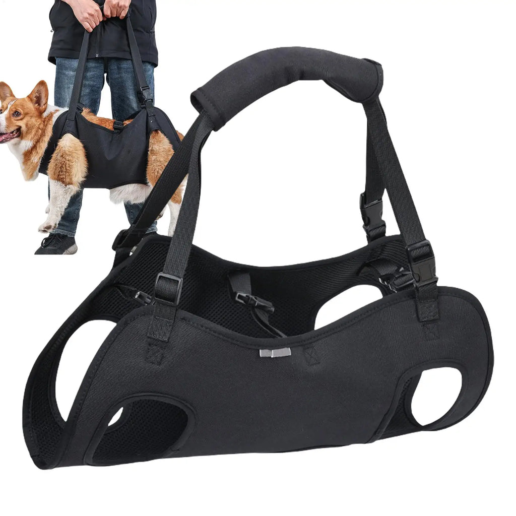 Black adjustable support lift dog harness vest with front panel and lifting loop