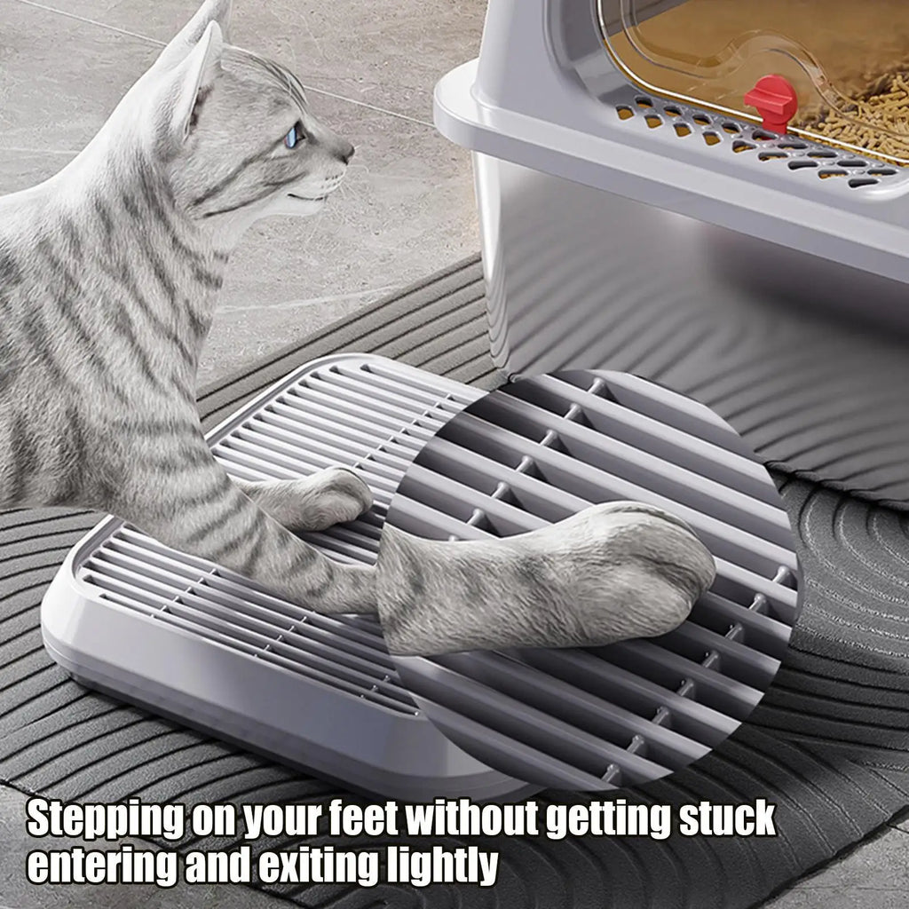 Light gray cat litter ramp mat with raised slatted tray insert for litter capture