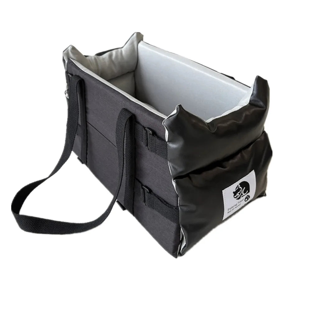 Portable pet safety seat, dark grey and black with shoulder strap, empty padded bed