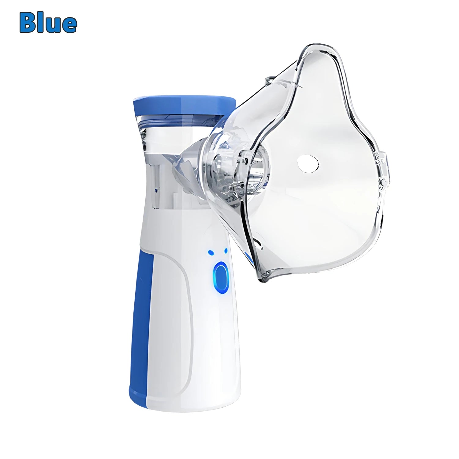 Blue mini portable pet nebulizer inhaler with clear face mask, white and blue base