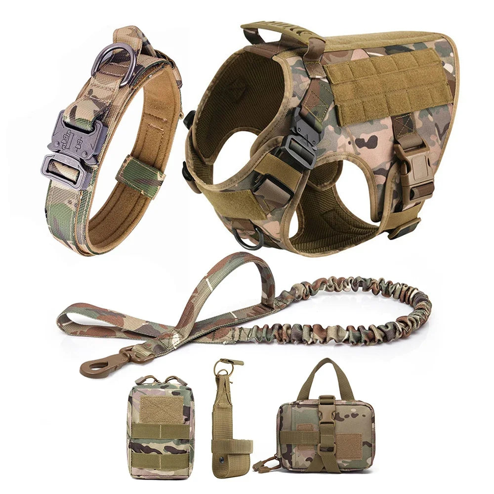 Camouflage dog harness set with collar, coiled leash, and pouches