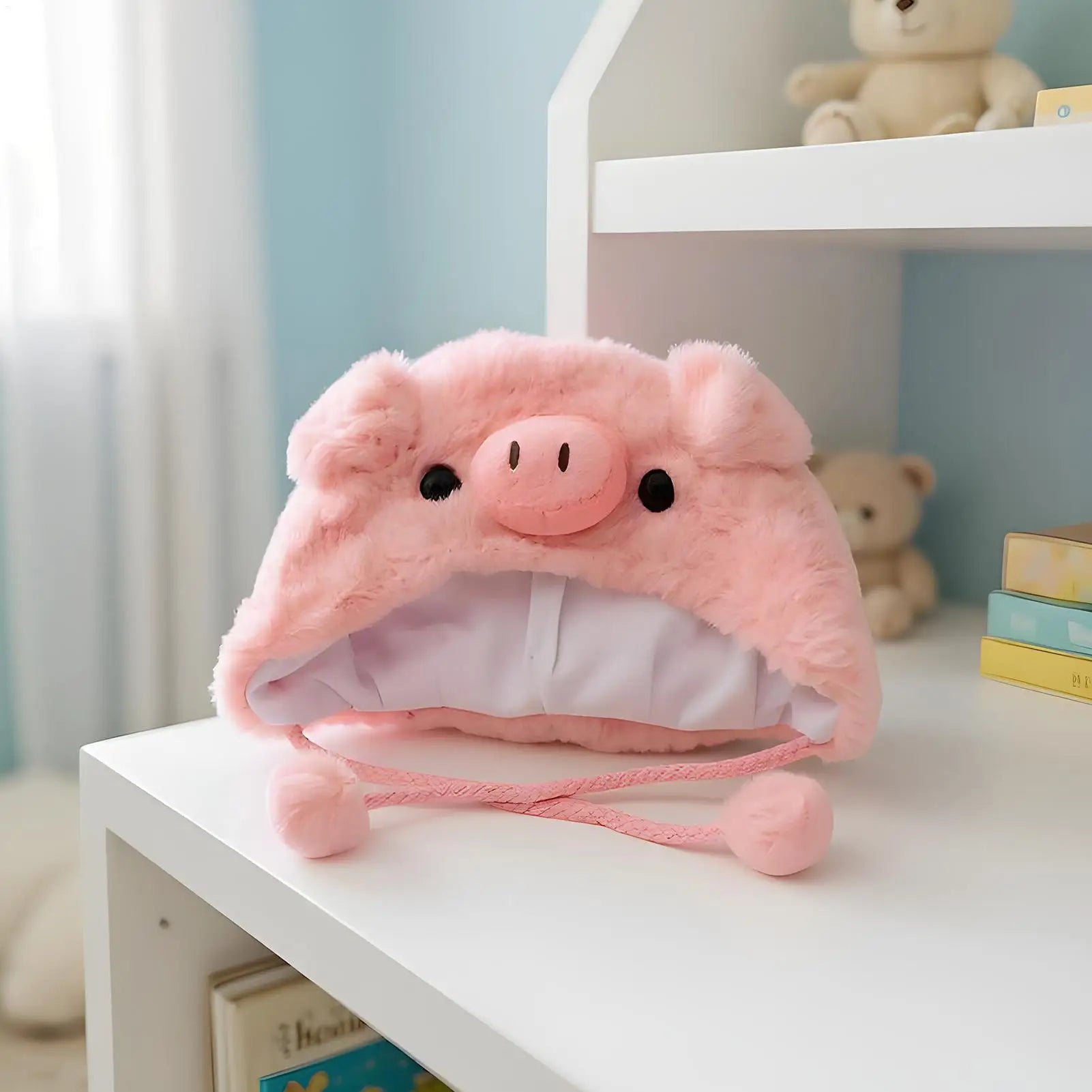 Pink pig plush costume hat for pets with snout face, ear flaps, and chin ties