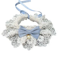 Lace bowknot scarf collar with light blue bow and gold-toned pearl on white lace ruffles