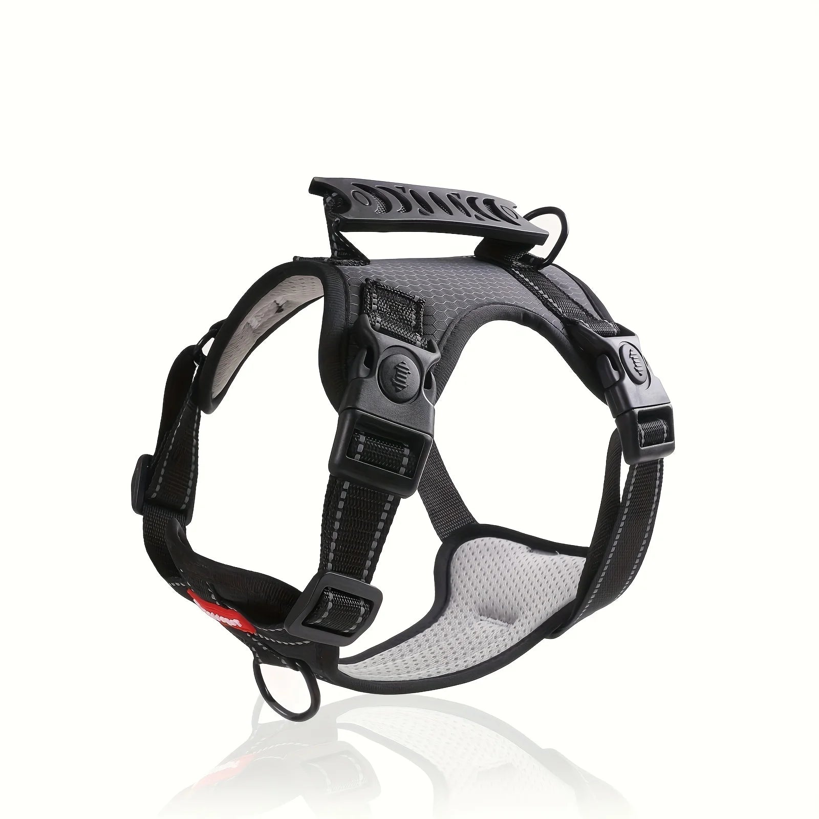No-pull dog harness with control handle, black straps and gray mesh with black buckles