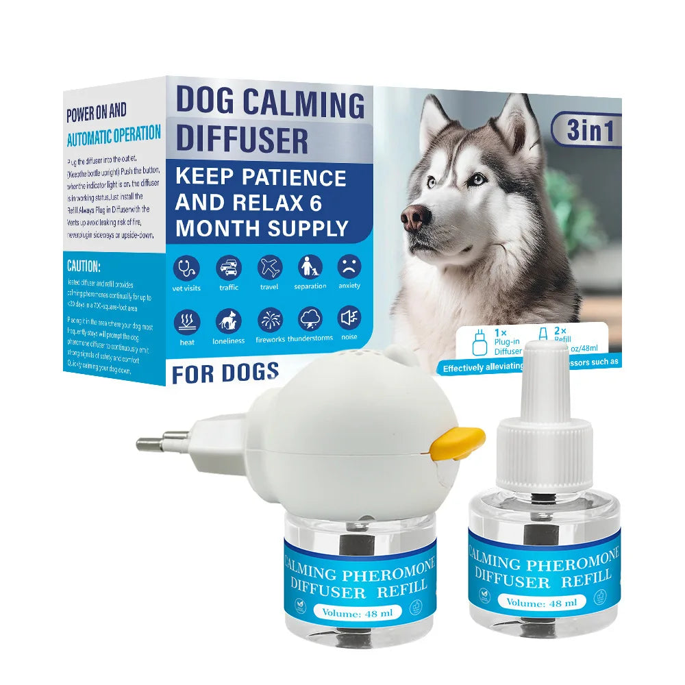 Dog calming pheromone diffuser plug-in with white device and refill bottle set