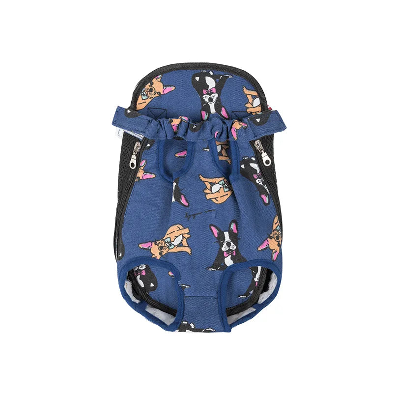 Breathable pet backpack with blue cartoon animal print, two leg openings, blue shoulder straps