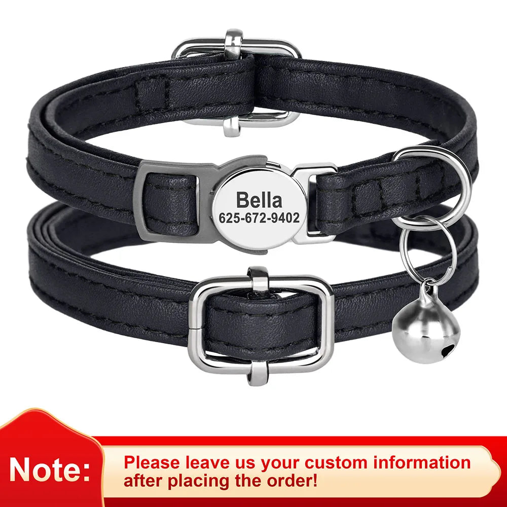 Custom PU Leather Cat Collar Breakaway Engraved Anti-Lost
