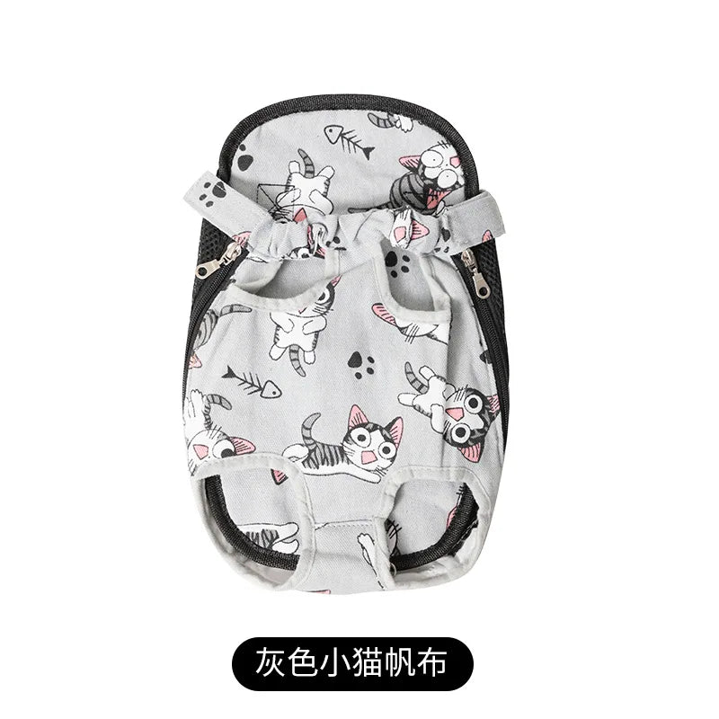 Breathable pet backpack with white cartoon animal print, black trim, two side openings
