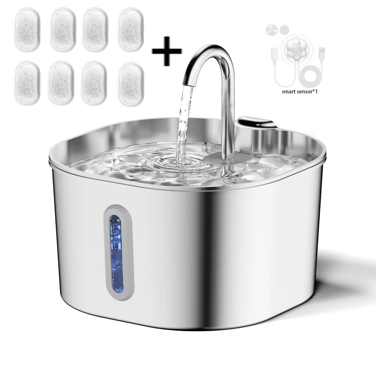Stainless steel pet water fountain with flowing water and blue indicator window, with filters shown