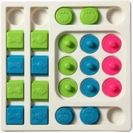 White square dog puzzle slow-feeder with green, blue, and pink round treat wells