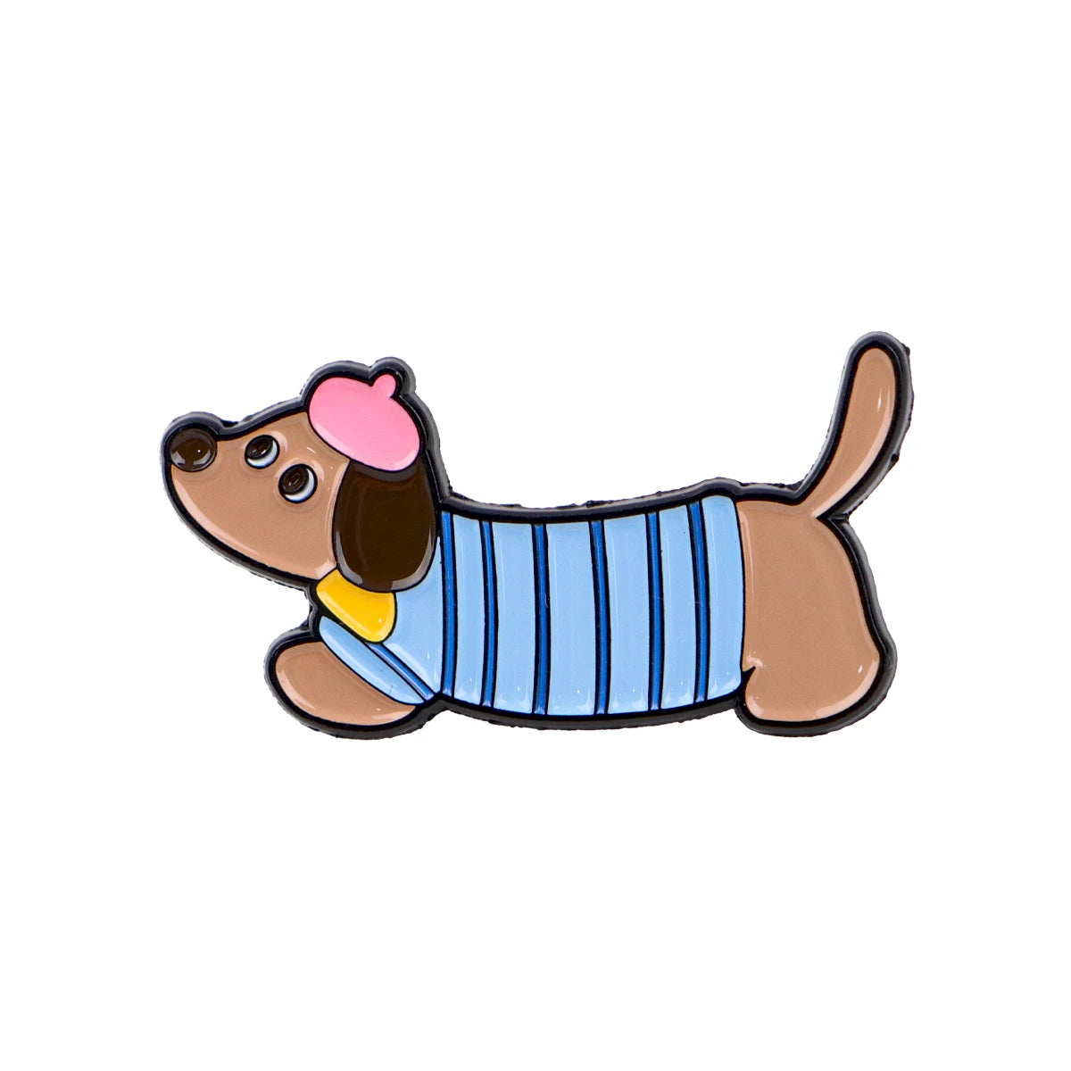 Enamel lapel pin shaped like a brown dachshund wearing a blue striped sweater