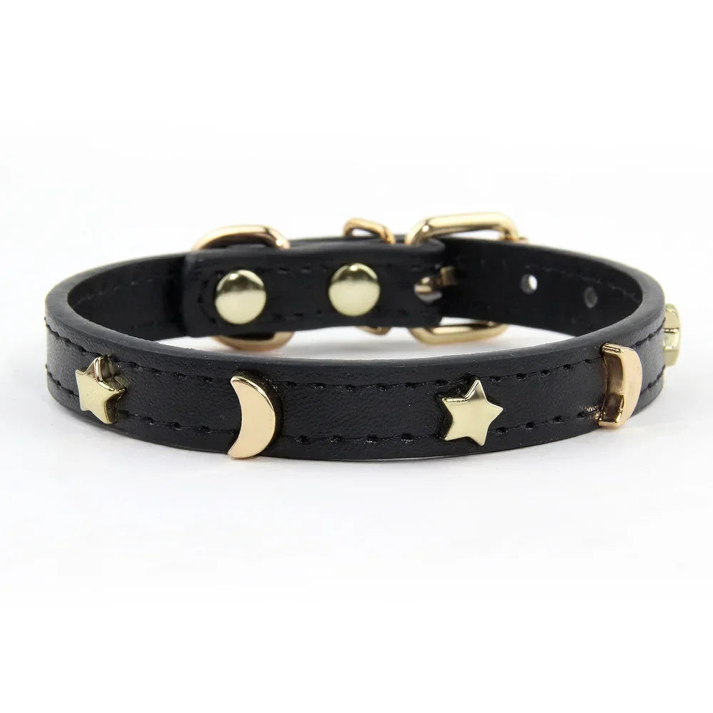 Soft Leather Cat Collar Star Moon Rivets Kitten Puppy XS-M