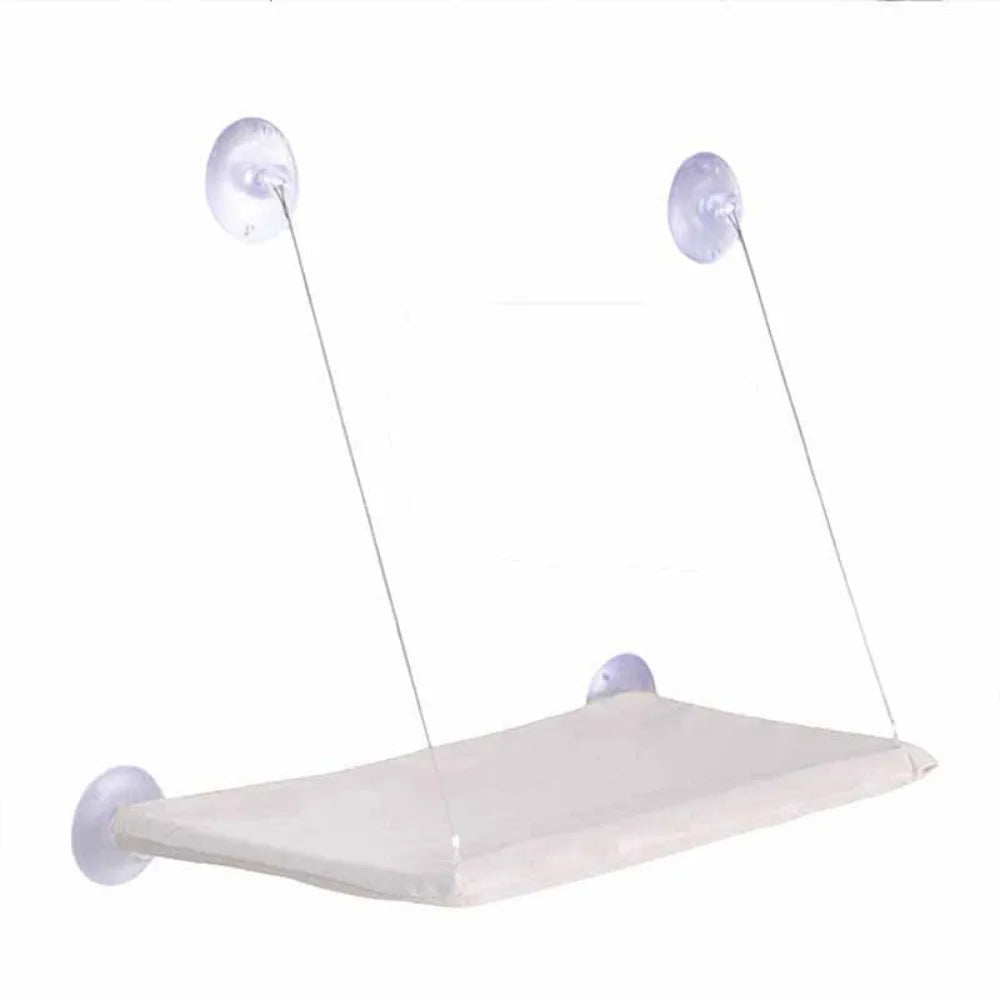 Hanging cat hammock bed with light gray fabric seat and four suction-cup attachment points