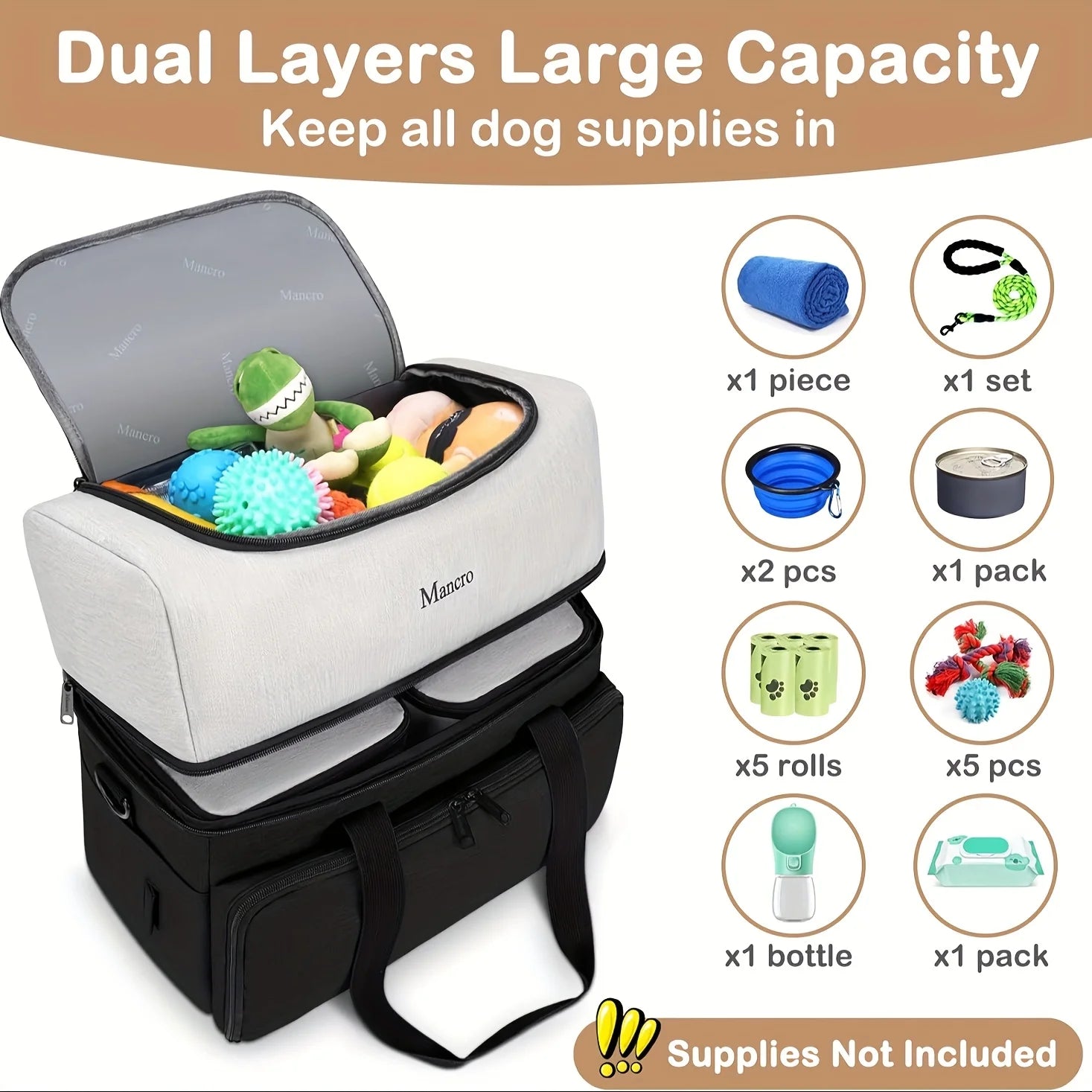 Dual Layer Dog Travel Bag with Collapsible Bowls
